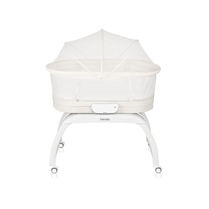 Patut balansoar Lionelo, Coral, Cu landou ergonomic detasabil, Functie de balansare, Functie de cantar, Sunete si cantece, Cu roti, Panou tactil sau telecomanda, 0-9 kg, Alb