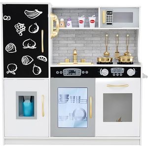 Set bucatarie pentru copii din lemn Kiddo cuisine, sunete realiste, elemente detasabile, set ustensile, tabla de scris, telefon, microunde, chiuveta, 80.5 cm, white wood