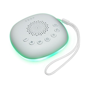 Dispozitiv portabil pentru sunete albe Cangaroo LumaNoise, Lumina Led, Carlig de agatare la patut sau carucior, 20 de melodii, Reglaj volum, Temporizator, Reincarcabil USB-C, alb