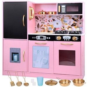 Bucatarie copii din lemn Pink Floral Cuisine, sunete realiste, elemente detasabile, set ustensile, tabla, telefon, masina gheata, microunde, chiuveta, 80.5 cm, pink floral