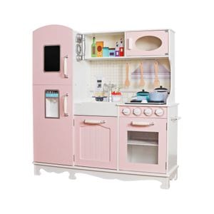 Bucatarie vintage completa pentru copii, accesorii pentru gatit din lemn, plita, telefon, dozator de apa, spatii depozitare, design realist, woodplay pink