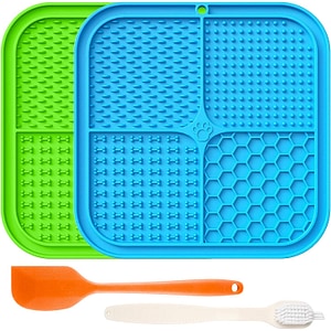 Set covorase hranire Fish & Paws, pentru alimentarea controlata, reducerea plictiselii animalului de companie, cu 4 zone de hranire, 20.8 x 20.8 cm, Verde/Albastru