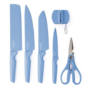 Set cutite Onuvio, 6 piese: Satar, Cutit Santoku, Cutit Chef, Cutit pentru Legume si Fructe, foarfeca, dispozitiv ascutit, Albastru