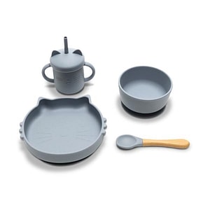 Set de hranire din silicon natural Lorelli, 4 piese, contine bol cu vacuum, canuta cu pai, farfurie,  lingurita cu maner din bambus, 6 luni+, Grey