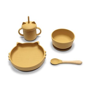 Set de hranire din silicon natural Lorelli, 4 piese, contine bol cu vacuum, canuta cu pai, farfurie,  lingurita cu maner din bambus, 6 luni+, Yellow