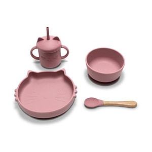 Set de hranire din silicon natural Lorelli, 4 piese, contine bol cu vacuum, canuta cu pai, farfurie,  lingurita cu maner din bambus, 6 luni+, Pink