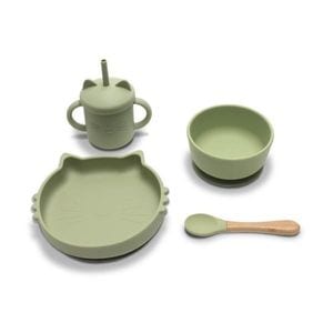 Set de hranire din silicon natural Lorelli, 4 piese, contine bol cu vacuum, canuta cu pai, farfurie,  lingurita cu maner din bambus, 6 luni+, Fresh Green