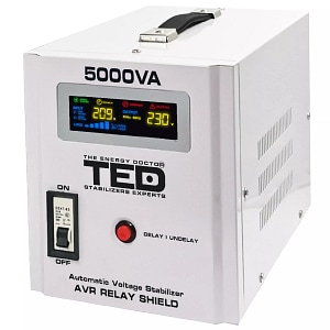 Stabilizator retea automat TED Electric, 5000VA, 3000W, cu Ecran LCD si Sinusoidala Pura, cu 2 Iesiri Schuko si Regleta