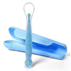Lingurita cu ventuza si carcasa pentru depozitare BabyOno, Din silicon, Fara bisfenol A, 6 luni+, Albastru