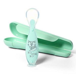 Lingurita cu ventuza si carcasa pentru depozitare BabyOno, Din silicon, Fara bisfenol A, 6 luni+, Verde