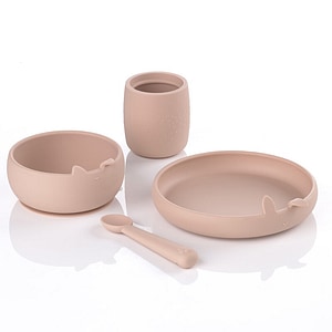 Set complet de masa Jane, Din silicon, Cu 4 piese, Farfurie, Bol, Lingurita si pahar, BPA free, Pale