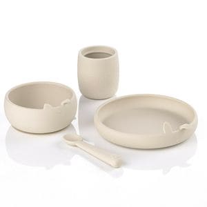 Set complet de masa Jane, Din silicon, Cu 4 piese, Farfurie, Bol, Lingurita si pahar, BPA free, Sand