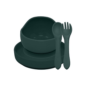 Set de hranire Petite&Mars, Cu farfurie, Bol si tacamuri, Din silicon fara BFA, Verde inchis