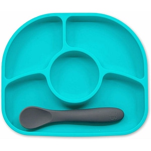 Set de masa Bbluv Yumi, Farfurie compartimentata si lingurita, Cu 4 compartimente, Fara BPA, Aqua
