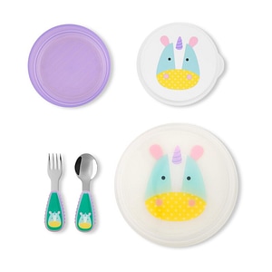 Set de masa Skip Hop, Cu 5 piese, Include farfurie antiderapanta, bol si capac, furculita si lingura, Fara BPA, 12 luni+, Unicorn