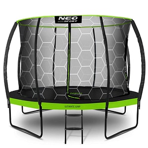 Trambulina de gradina, cu 4 picioare duble, scara metalica cu trepte late, plasa interna, intrarea in forma de L, cu fermoar si catarama, 435 cm, negru si verde
