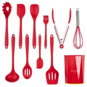 Set Ustensile Bucatarie Onuvio, 11 Piese, Luxury Silicon Alimentar, Suport Blat, Antiaderente, Termorezistente, Certificate Institutul Bioresurse Alimentare, Rosu
