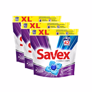 Detergent automat rufe Savex Premium Caps cu Semana Perfume, 3 pachete x 42 capsule, 126 spalari