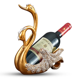 Suport sticla de vin Timebox, 30 cm inaltime, din rasina, ornament, Model Lebada, Auriu