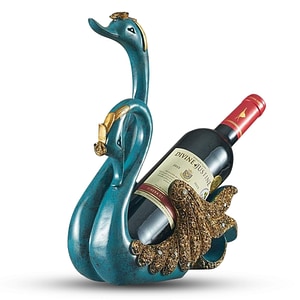 Suport sticla de vin Timebox, 30 cm inaltime, din rasina, ornament, Model Lebada, Albastru inchis