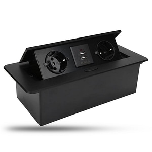 Priza incorporabila in mobilier, Timebox, blat bucatarie, masa sau birou, 2 prize, 2 x USB, incastrabila, deschidere prin buton, 266x118 mm, Negru
