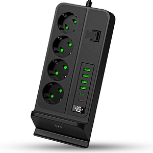 Priza Timebox standard cu comutator 3000W, 4 x USB, 2 x Type-C, 4 prize, Statie Wireless pentru telefon, 2m, Negru