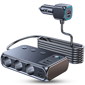 Adaptor priza Timebox, incarcator auto 9 in 1 multiplicator 171W, 3 x soclu auto, 4 x USB, Q.C 3.0, 2 x USB-C, afisaj display voltaj, Negru