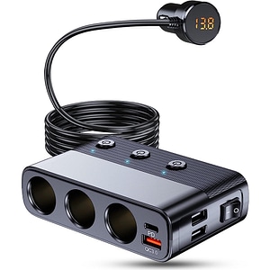 Adaptor priza Timebox, incarcator auto 7 in 1 multiplicator 128W, 3x soclu auto, 3 x USB, Q.C 3.0, 1 x USB-C, afisaj display voltaj, Negru