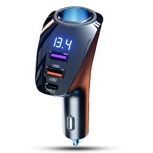 Adaptor priza Timebox, incarcator auto 4 in 1 multiplicator, 110W, 1 x soclu auto, 2 x USB, 1 x USB-C, afisaj display, Negru