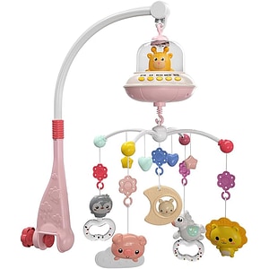 Carusel muzical Giftry, Girafa, Pentru patut, Interactiv, Multifunctional, Cu 5 jucarii senzoriale, Rotire 360, Cu sunete, lumini, proiector, telecomanda, 0 luni+, Roz