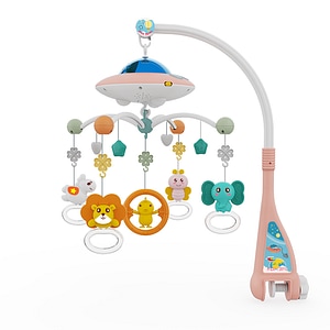 Carusel muzical Giftry, Nava spatiala, Pentru patut, Interactiv, Multifunctional, Rotire 360, 108 sunete, lumini, proiector, telecomanda, 0 luni+, Roz