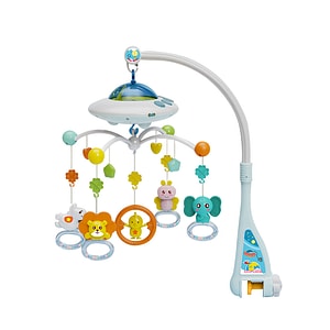 Carusel muzical Giftry, Nava spatiala, Pentru patut, Interactiv, Multifunctional, Rotire 360, 108 sunete, lumini, proiector, telecomanda, 0 luni+, Albastru
