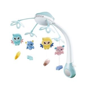 Carusel muzical Giftry, Pentru patut, Interactiv, Multifunctional, Rotire 360, sunete, lumini, proiector, 4 jucarii, 0 luni+, Bleu