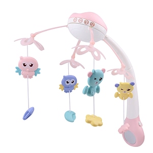 Carusel muzical Giftry, Pentru patut, Interactiv, Multifunctional, Rotire 360, sunete, lumini, proiector, 4 jucarii, 0 luni+, Roz