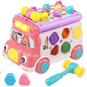 Jucarie interactiva Giftry, Autobuz, Cu sortare, Cu sunete si lumini, animale, unelte, ceas, 3 ani+, Roz