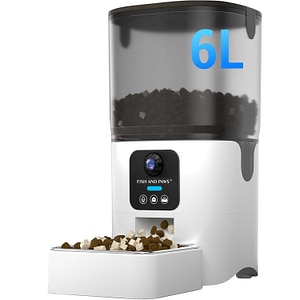 Hranitor Automat Fish & Paws, pentru caini si pisici, Programabil prin Aplicatie, Smart WiFi 5G Live Camera Video 1080p Full HD, Inregistrare Vocala si Audio Bidirectional, 6L, Alb