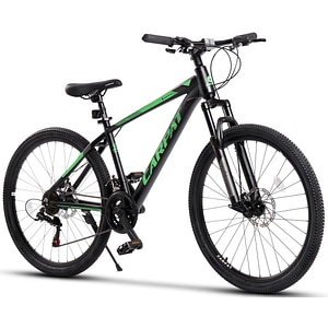 Bicicleta Mtb de munte Carpat Montana JSX2699, cadru din Aluminiu cu cabluri integrate, echipare Shimano, suspensie fata, roata 26 inch, frana disc fata/spate, 21 viteze, negru cu verde
