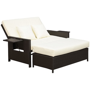 Set canapea gradina 2 piese Outsunny, 130L x 72L x 96Hcm,  Ratan/Metal/Poliester, Maro inchis/Crem