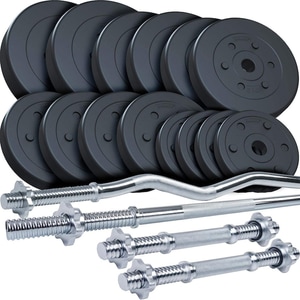 Set de haltere si discuri de plastic umplute cu ciment ScSPORTS, 80 kg, cu 1x bara dreapta, 1x bara de curl SZ si 2X haltere cu filet