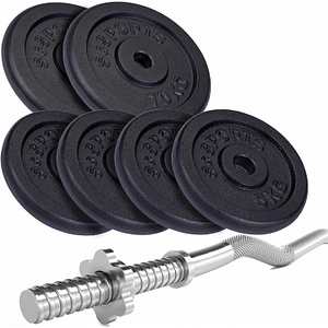 Set haltera, bara curl si discuri ScSPORTS, 40 kg, fonta, negru