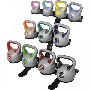 Set kettlebell Stylish, Gorilla Sports, umplut cu ciment, 113 kg + suport kettlebell