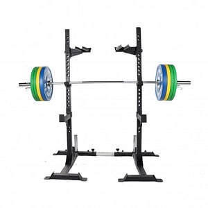 Set profesional Gorilla Sports, rack si haltera cu discuri olimpice si sigurante pe arc, 140 kg
