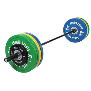 Set bara cu discuri olimpice Gorilla Sports, 140 kg si cleme de siguranta pe arc