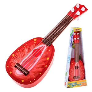 Chitara mica Jokomisiada, Ukulele, Conceputa pentru cei mai tineri muzicieni, Corzi reglabile, 37x12,5x4 cm, 3 ani+, Fruits/Red