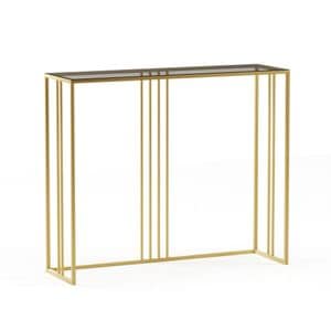 Masa consola Carly, Marsah Home, 85x100x30 cm, cadru metalic auriu, sticla securizata fumurie