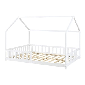 Pat Copii tip Casuta Hesel cu Protectie Impotriva Caderilor, Dimensiuni 120x200 cm, Lemn de Brad, Culoare Alb