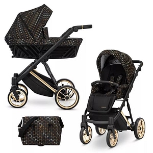 Carucior copii Kunert Professional, Ivento Premium, 2 in 1, Cadru auriu, Ventilatie, Cu accesorii, Spatar reglabil, Sezut pivotant, Black