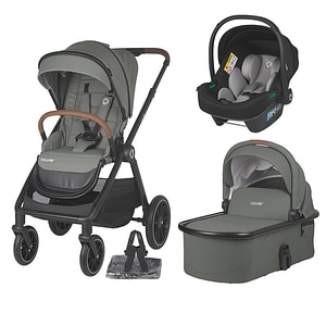 Carucior 3in1 Coccolle Aspen Premium Line cu scoica auto Knox Greystone iSize, Copertina XXL, Husa de picioruse si ploaie, Pana la 22 kg, Standard de siguranta EN 1888, Moss Green