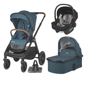 Carucior 3in1 Coccolle Aspen Premium Line cu scoica auto Knox Greystone iSize, Copertina XXL, Husa de picioruse si ploaie, Pana la 22 kg, Standard de siguranta EN 1888, Ocean Blue
