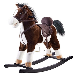 Calut balansoar Jokomisiada, Cu platforma din lemn, Cu sunete de galop, Din plus moale, 70x73x28 cm, Alimentare pe baza de baterii, 3 ani+, Brown